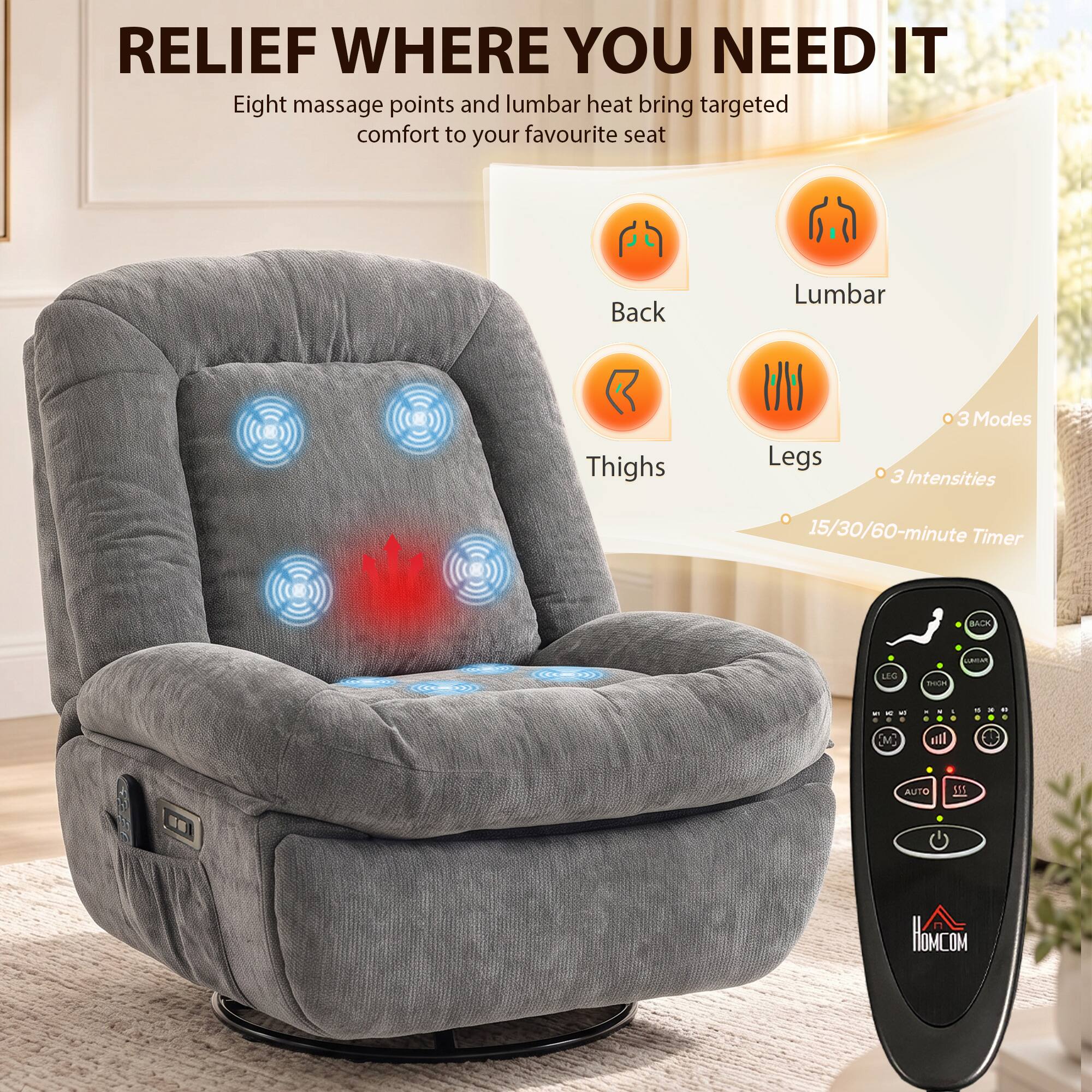 RELIEF WHERE YOU NEED IT  
Eight massage points and lumbar heat bring targeted comfort to your favourite seat

- Back
- Lumbar
- Thighs
- Legs

3 Modes  
3 Intensities  
15/30/60-minute Timer