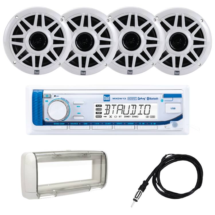 Dual - Marine Stereo with (4) 6.5" Speakers, Splashguard & Antenna | Bluetooth Single DIN Boat Radio | AM/FM | USB 2.1A - White