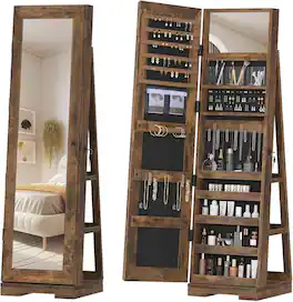 JUJABU - 360° Swivel Jewelry Cabinet Organizers with Full Length Mirror Best Gift for Girls - Rustic Brown