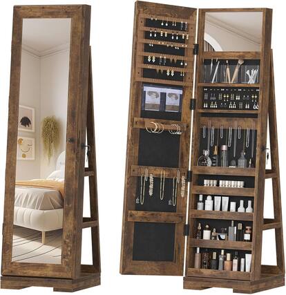 Front. JUJABU - Rustic Brown 360° Swivel Jewelry Cabinet Organizers with Full Length Mirror Best Gift for Girls - Rustic Brown.