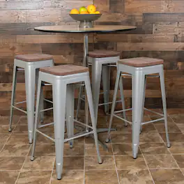 Emma + Oliver - 30" High Metal Indoor Bar Stool with Wood Seat - Stackable Set of 4 - Silver