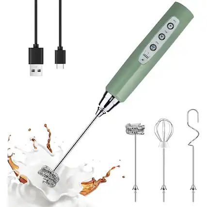 Front. ACJPR - Rechargeable Handheld Milk Frother Wand with 3 Speeds & 3 Detachable Whisks, Electric Drink Mixer for Coffee, Latte, Cap - Granite.