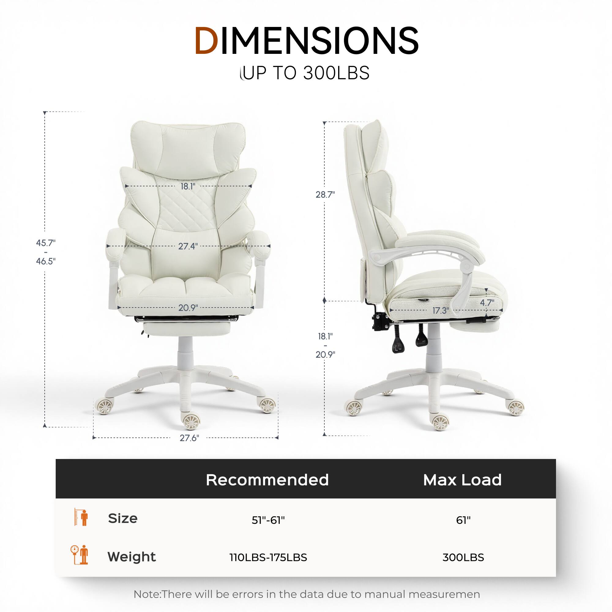 DIMENSIONS UP TO 300LBS

18.1" 28.7" 45.7" 46.5" 27.4" 20.9" 17.3" 4.7" 18.1" 20.9" 27.6"

Recommended Max Load Size
51"-61" 61"

Weight
110LBS-175LBS 300LBS

Note: There will be errors in the data due to manual measurement