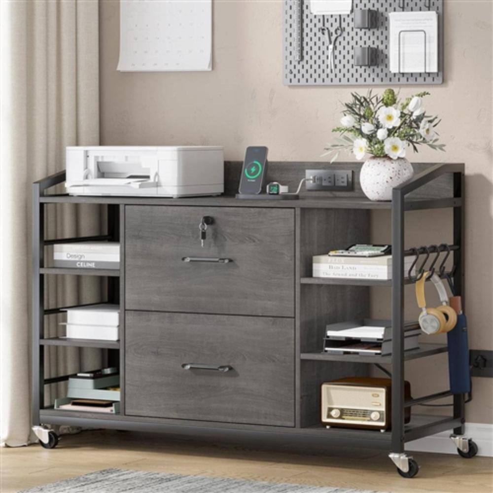 Angle. Hivvago - Grey Printer Stand Bookcase Power Station Mobile Office File Cabinet - Grey.