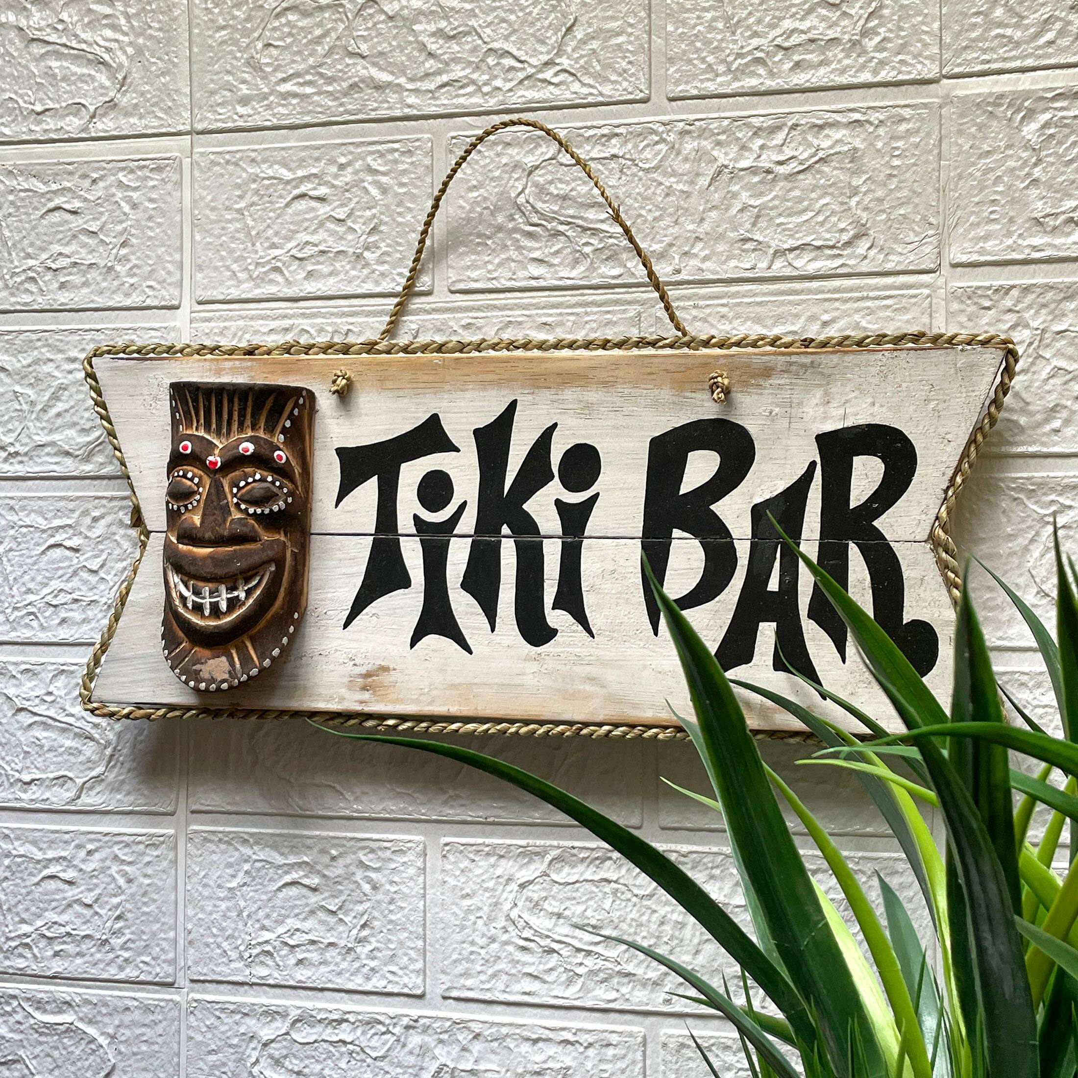Things2Die4 Hand Painted Rustic Tiki Bar Sign Carved Mask Rope Hanging ...