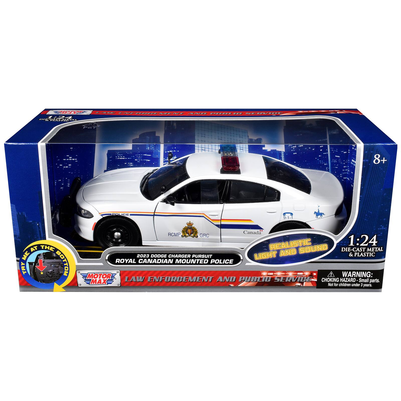 AWENFODDEMENT AND PD - I E i EPEAA 8+ OADE 9-1-1 AT THE ME TAY BOTTOM Canada RCMP GHC REALISTIC 1:24 AND SOUND DIE-CAST METAL 2023 DODGE CHARGER PURSUIT LIGHT & PLASTIC ROYAL CANADIAN MOUNTED POLICE MOTOR WARNING: MAX LAW ENFORCEMENT AND PUBLIC SERVICE CHOKING HAZARD Small parts. Not for children under 3 years