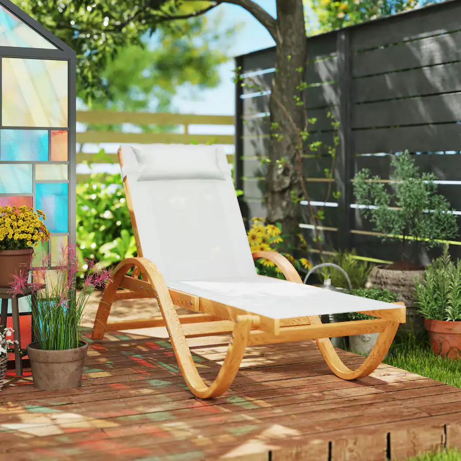 Outsunny Larch Wood Lounge Chair, Level Adjustable Tanning Chair