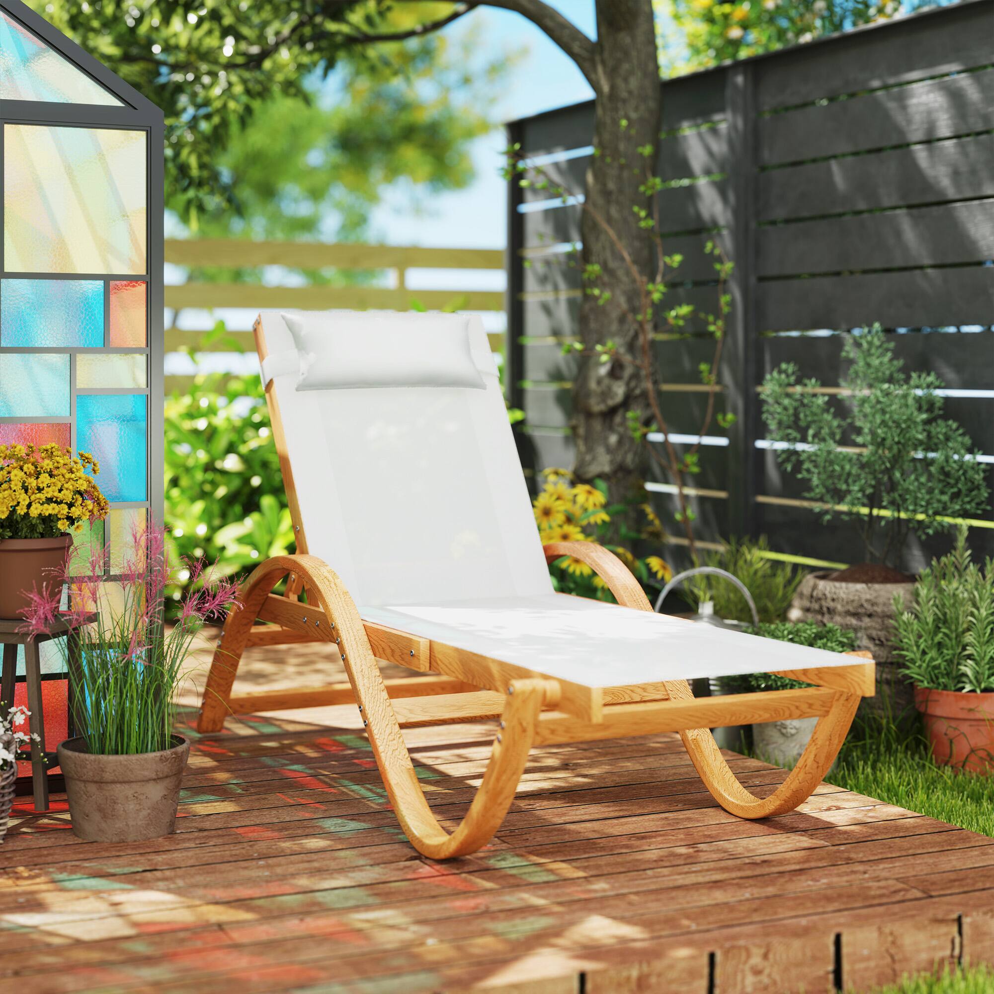 Outsunny Larch Wood Lounge Chair, Level Adjustable Tanning Chair