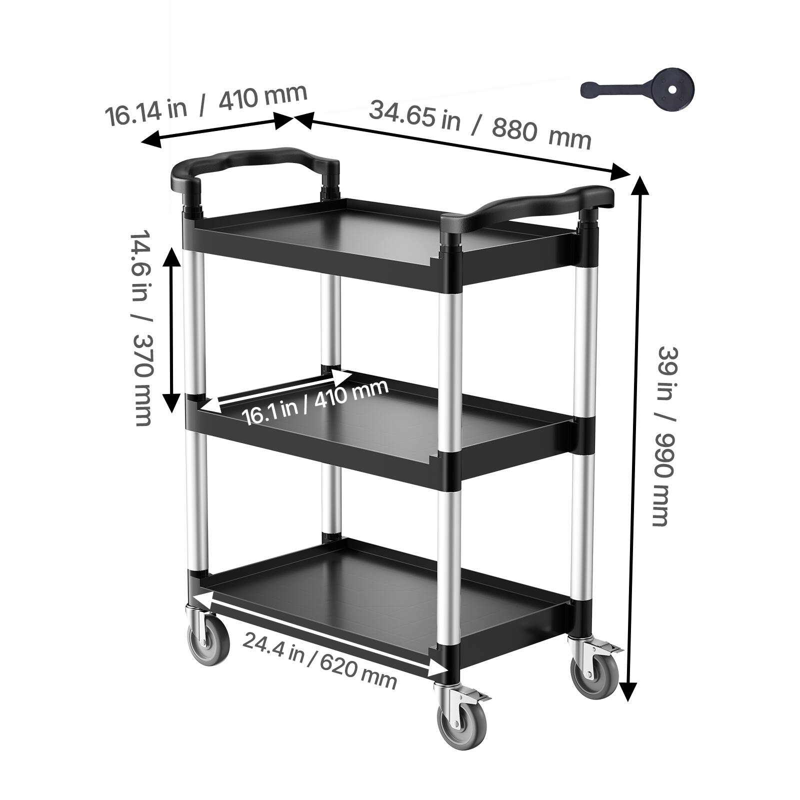 16.14 in / 410 mm, 34.65 in / 880 mm, 14.6 in / 370 mm, 16.1 in / 410 mm, 39 in / 990 mm, 24.4 in / 620 mm, 620 mm