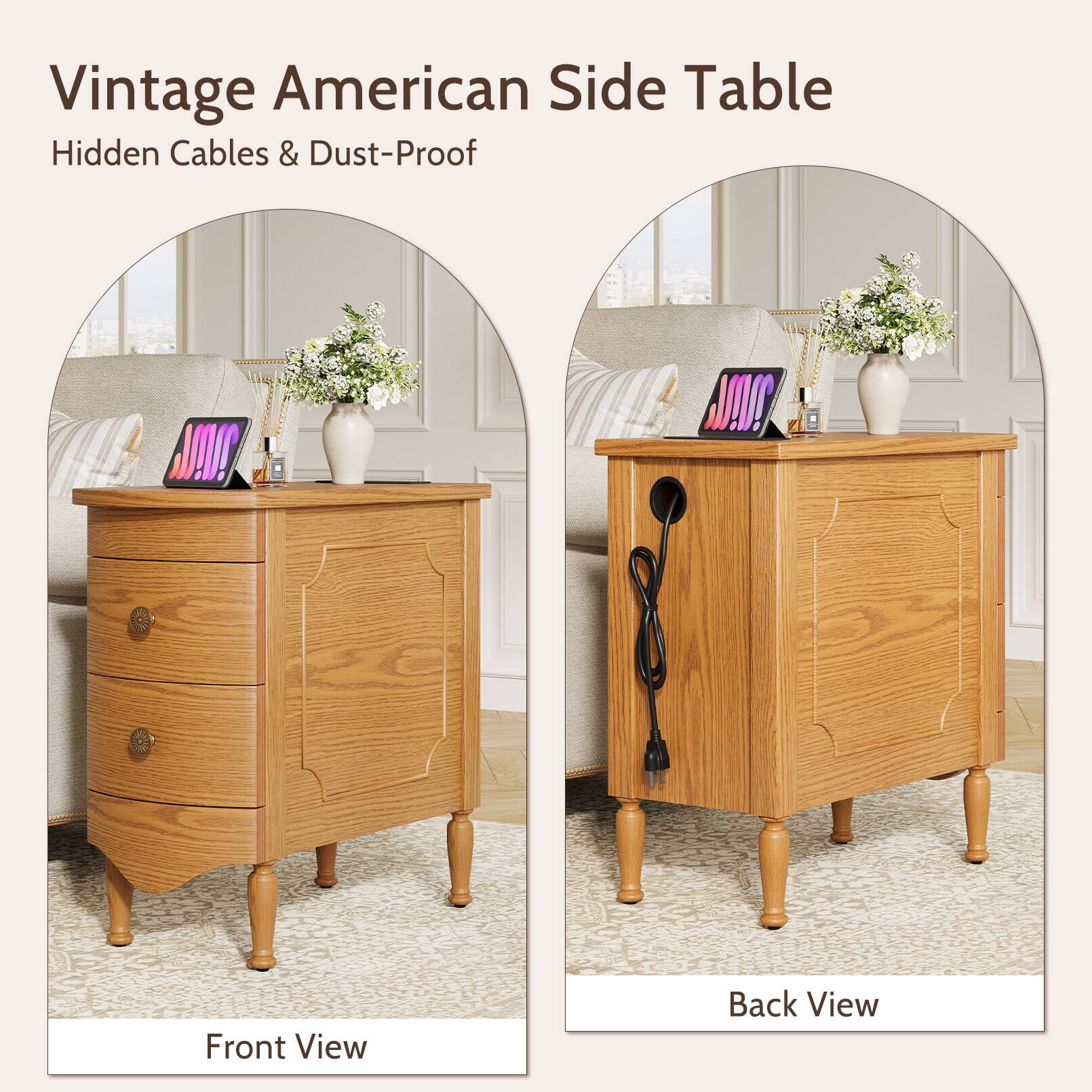 Vintage American Side Table  
Hidden Cables & Dust-Proof  

Front View  
Back View