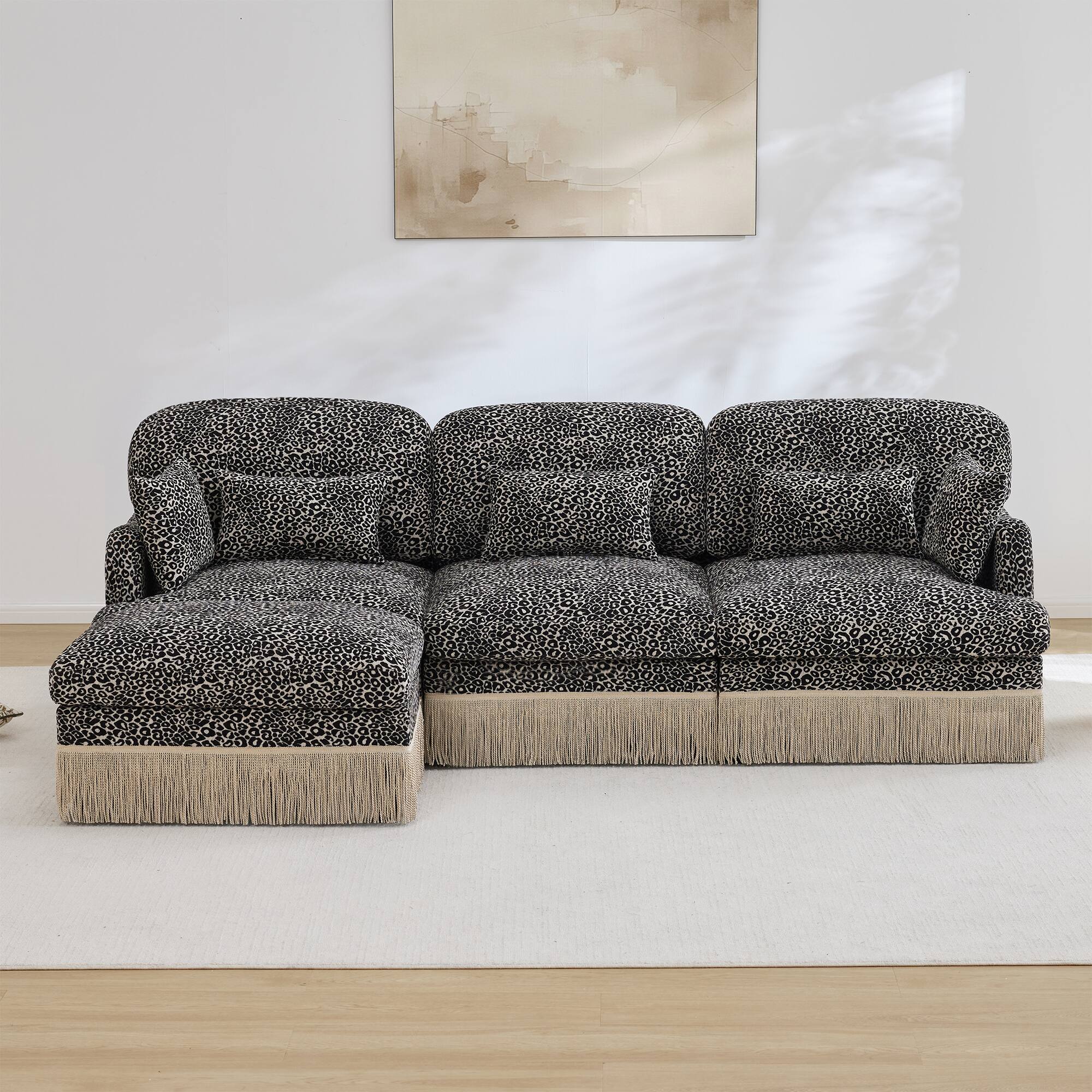Alt View 2. Anysun - 100" Chenille Leopard L-Shaped Sofa, Tassel Edge, Movable Ottoman, Ergonomic Design, Easy Assembly, Deep Seat - Khaki.