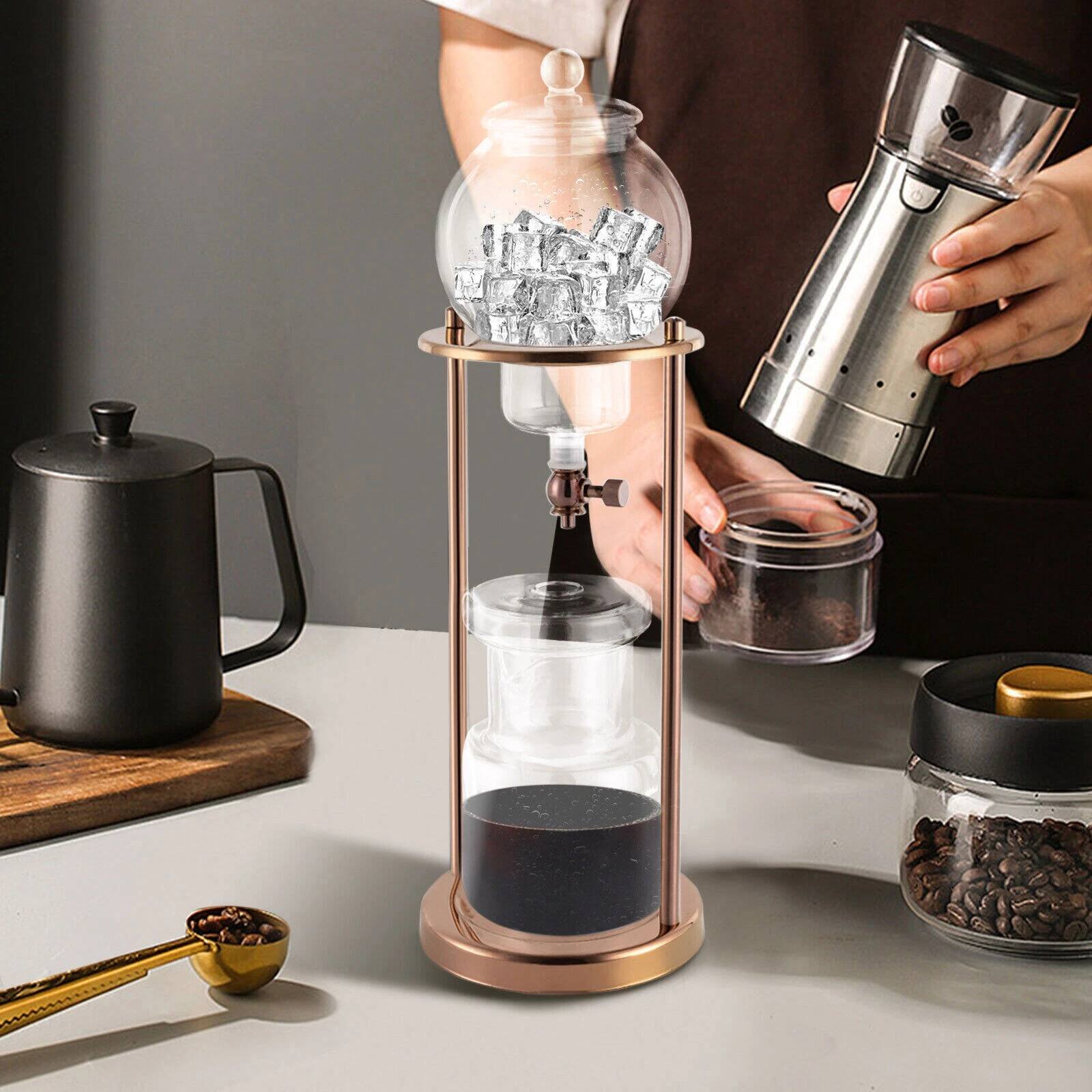 Angle. Home Collection - 600ml Cold Brew Coffee Drip Tower with Stainless Steel Stand, Gold Finish - Clear Glass, Gold Stand.