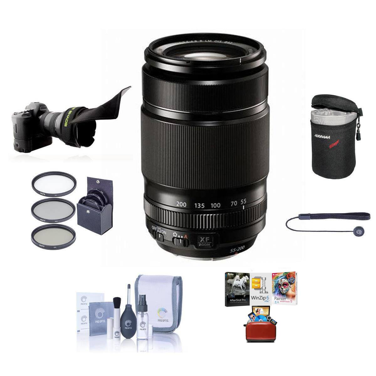 Bundle - Fujifilm - XF 55-200mm f/3.5-4.8 R LM OIS Lens, with 62mm Filter Kit, Mac Software Kit and Lens Shade