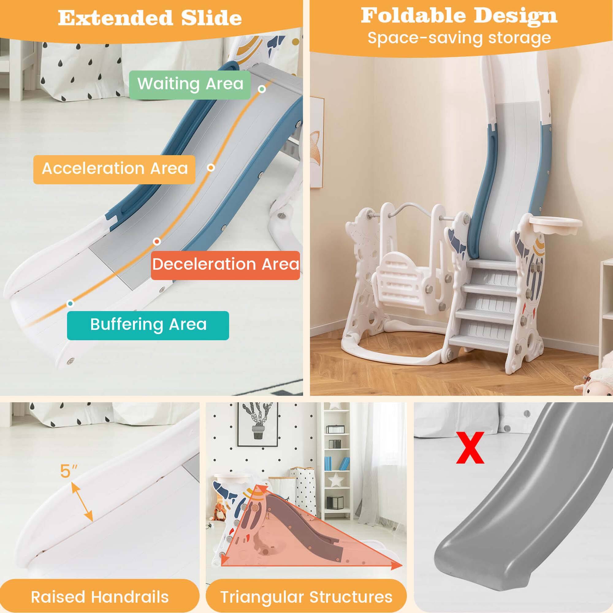 Extended Slide  
- Waiting Area  
- Acceleration Area  
- Deceleration Area  
- Buffering Area  

Foldable Design  
- Space-saving storage  

Raised Handrails  
- 5"  

Triangular Structures  

X