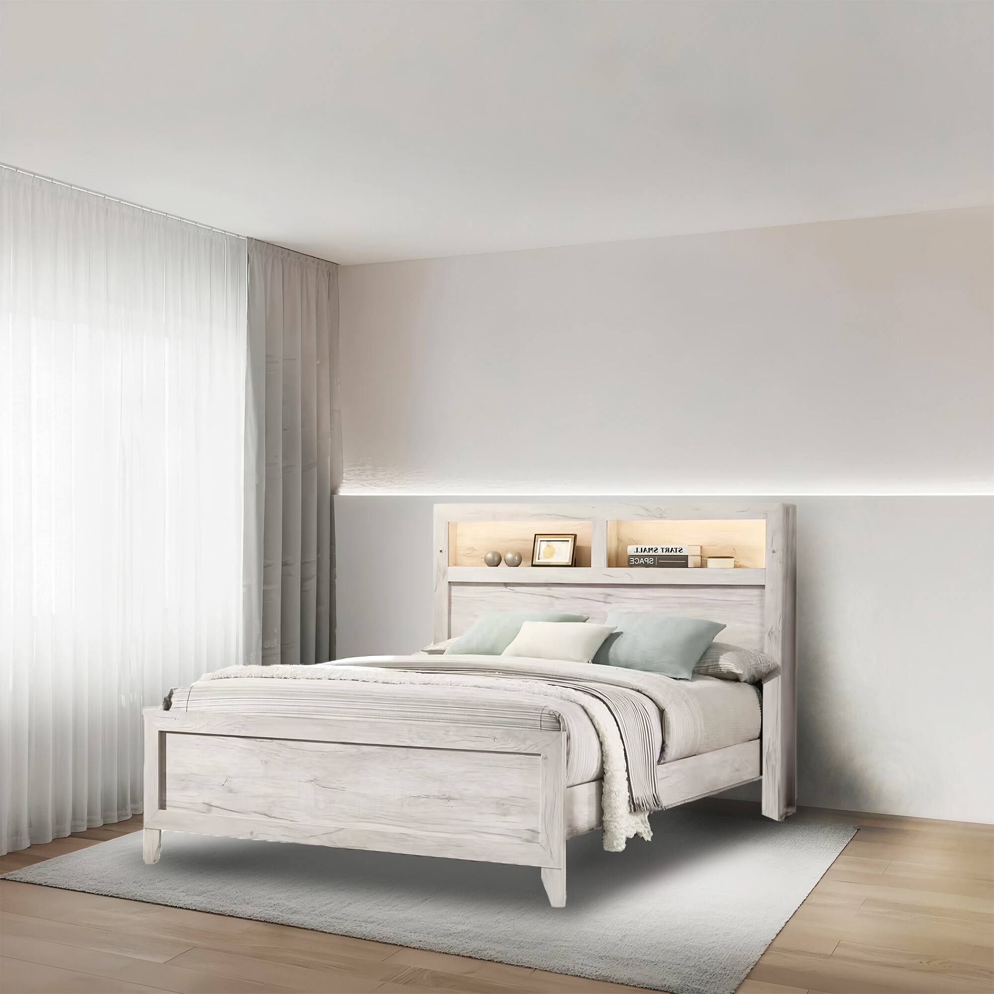Vaczon - Full Size Platform Bed Frame with LED Storage Headboard and Open Shelves, Modern Engineered Wood Design - White Wash