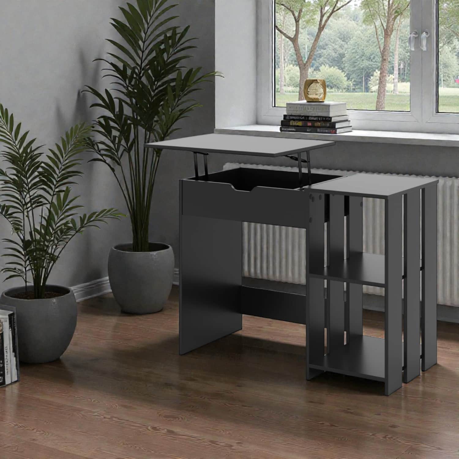 Hivvago - Space-Efficient Writing Desk with Built-In Hidden Cubby and Open Organizers - Black