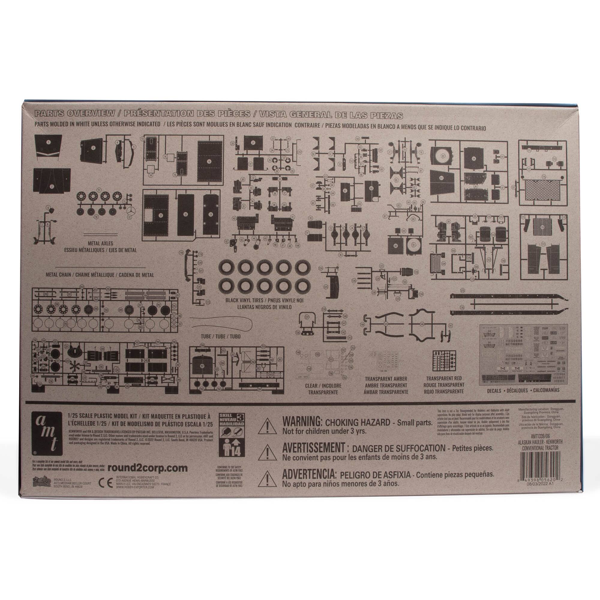 The text on the image is in French, so I will provide the corrected text in French.

PARTS OVERVIEW I PRSENTATION DES PICES VISTA GENERAL DE LAS PI2ON PARTS OLD60 N WHITE UNLESS 0bHRwSE INDICATO 1 LES PICES SONI MOULUES N BLANC SAUTE INDICATION CONTRAIRE PIEZAS MODELADAS I BLANCO 1 WENDS QUE do INDIQUE 0 CONTRARIO NITAL mIS IS MITALLIQUES 8S DE MTA WETEL CHEIN CHAINE TALLIQUE CASERE D MITRI BLACK VINTI TMES PNESS VENTLE N LEANTAS NEGROS DE VINIO TURE -U TUBO  RAED INCOLORS TRANSPARENTE TRANSPARENT AMRFE BA TRANSPARENT AMBAR TRANSPARENTE TRANSPARENT RD ROUEE TRANSPARINI -O TRANSPARENTI BCALS DECALDIES CALCOMANIAS a m 1/25 SCALE PLASTIC MODEL EIT EI MAQUETTE IN PLASTIQUE I ..- TULAD L'CHELLEDE 1/25 - EI DE MODELISMO de PLSTICO SCALA /15 -.  - TL I - round2corp.com CE WARNING: CHOKING HAZARD Small parts. ! Not for children under 3 yrs. AVERTISSEMENT DANGER DE SUFFOCATION Petites pices. ! Ne convient pour les enfants de moins de 3 ans. pas ADVERTENCIA: PELIGRO DE ASFIXIA Contiene piezas pequeas. No apto para nios menores de 3 aos.