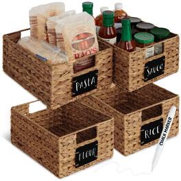 Best Choice Products - Set of 4 12in Woven Water Hyacinth Pantry Baskets w/ Chalkboard Label, Chalk Marker - Chestnut