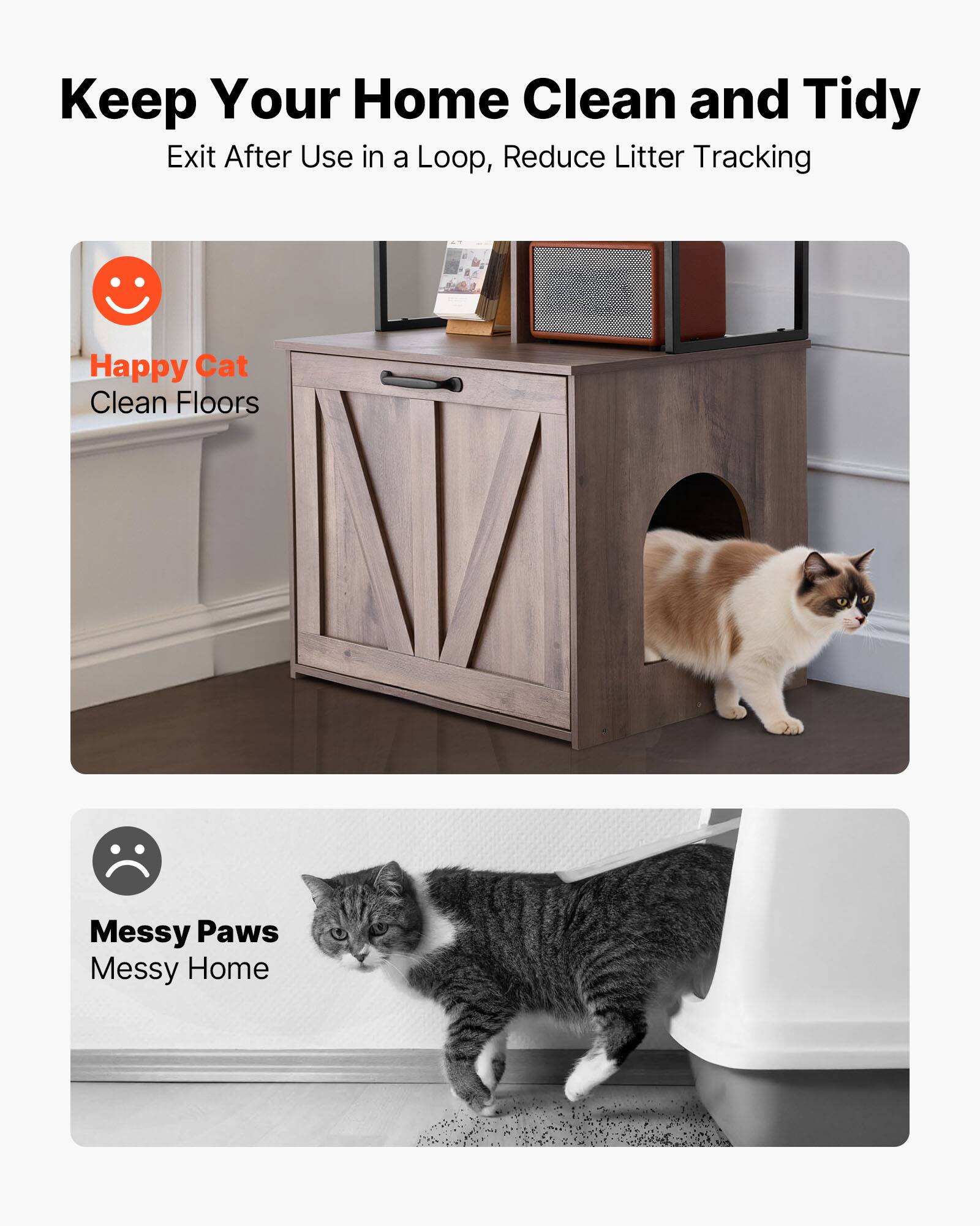 Keep Your Home Clean and Tidy  
Exit After Use in a Loop, Reduce Litter Tracking  

Happy Cat  
Clean Floors  

Messy Paws  
Messy Home