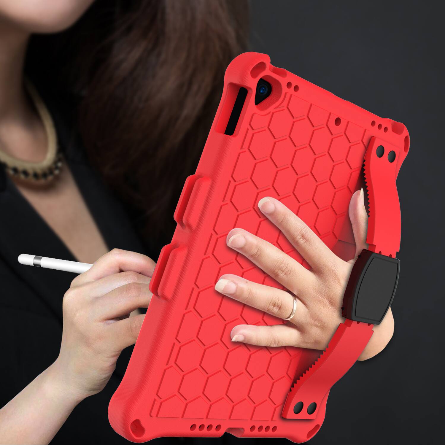 Back. UUCOVER - Kids Case for iPad 9th 8th 7th Gen 10.2-inch (2021/2020/2019) Shockproof EVA+TPU Stand Cover with Shoulder Strap - Red.