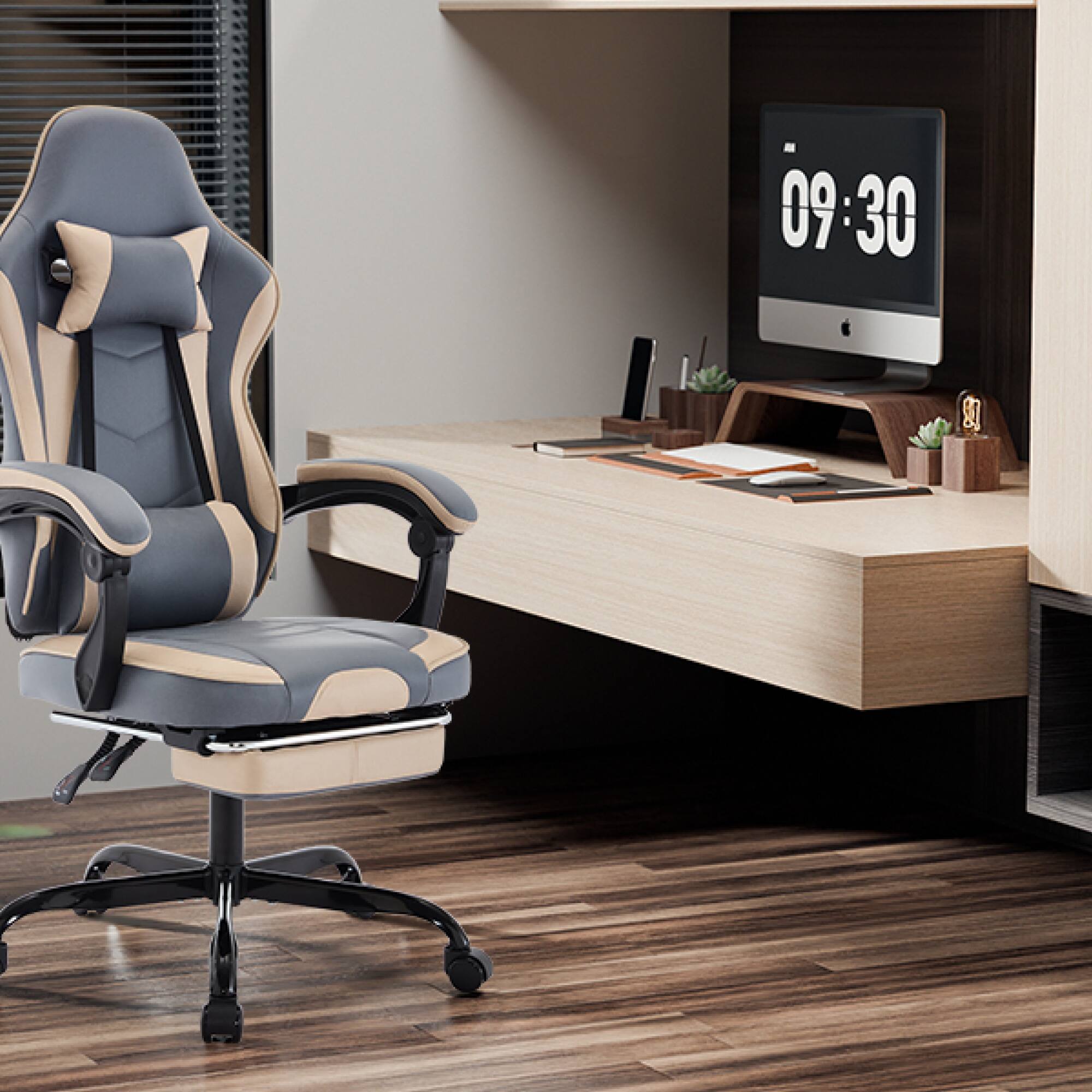 Back. GOODSILO - Ergonomic Gaming Chair with Adjustable Footrest and Massage Lumbar Support for Enhanced Comfort and Posture - Beige+Blue.