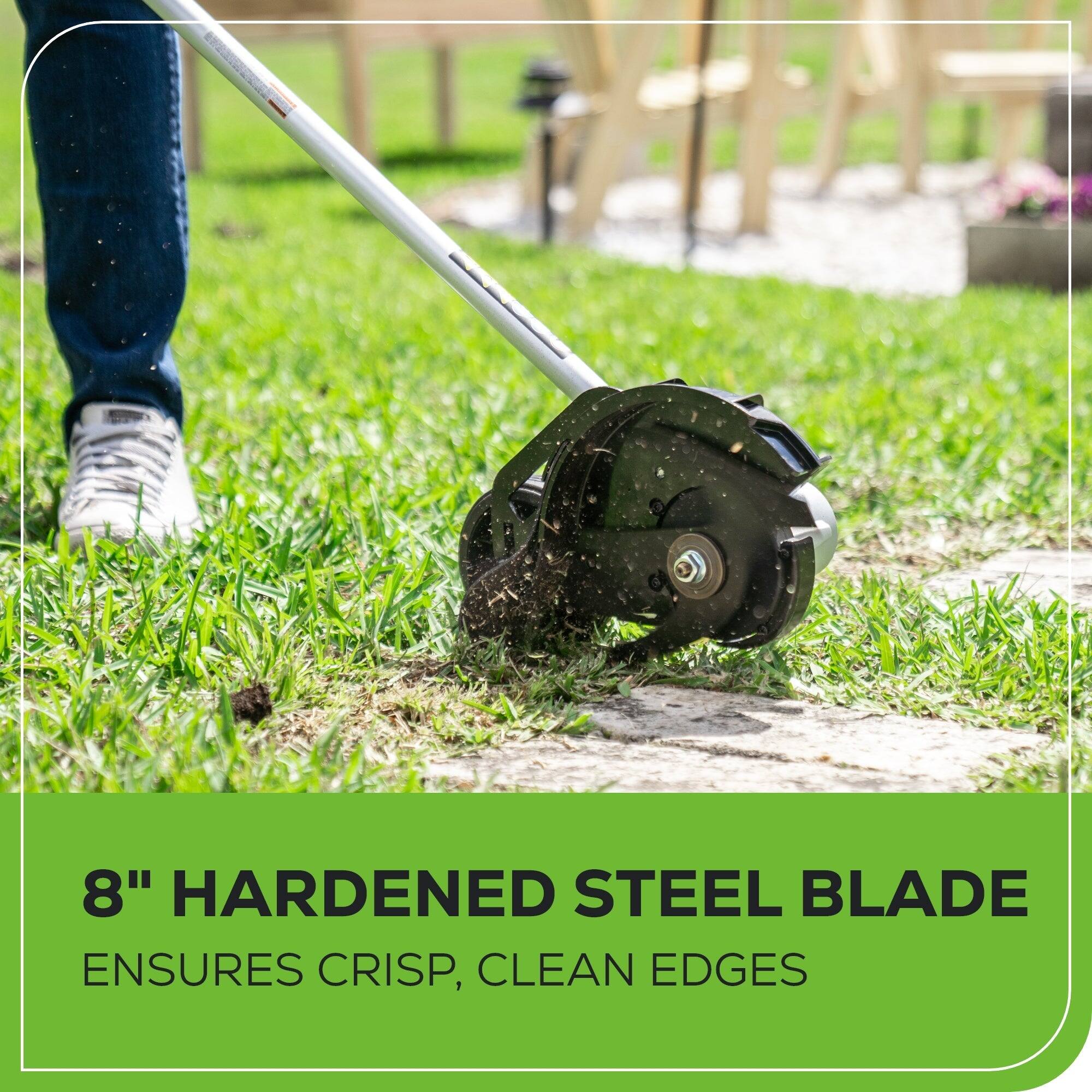 8" HARDENED STEEL BLADE ENSURES CRISP, CLEAN EDGES