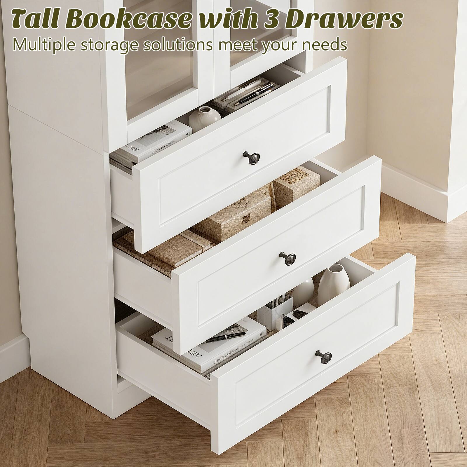 Tall Bookcase with 3 Drawers  
Multiple storage solutions meet your needs