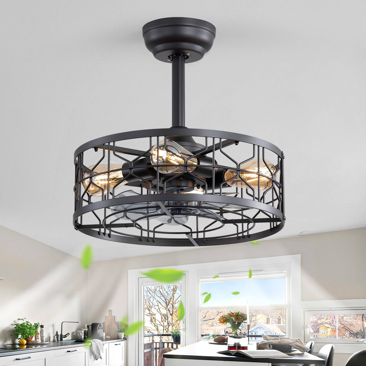 Front. Breezary - 20'' Small Caged Ceiling Fan with with Light Kit and Remote, KD Version, 7 ABS Blades, 6-Speed DC Motor, Timer - Matte Black.