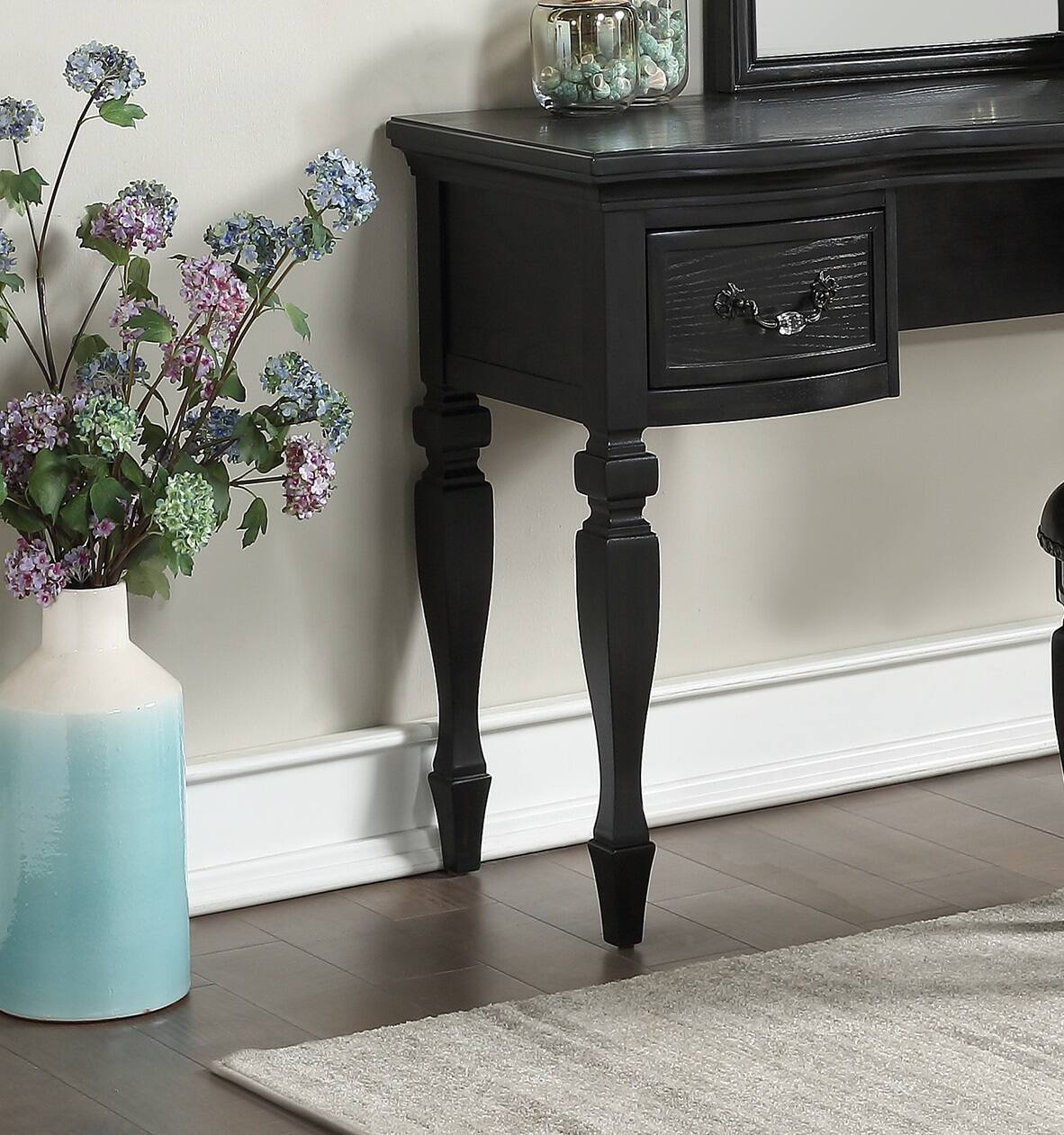 Back. APRILSOUL - Bedroom Classic Vanity Set Wooden Carved Mirror Stool Drawers Black Color - Black.