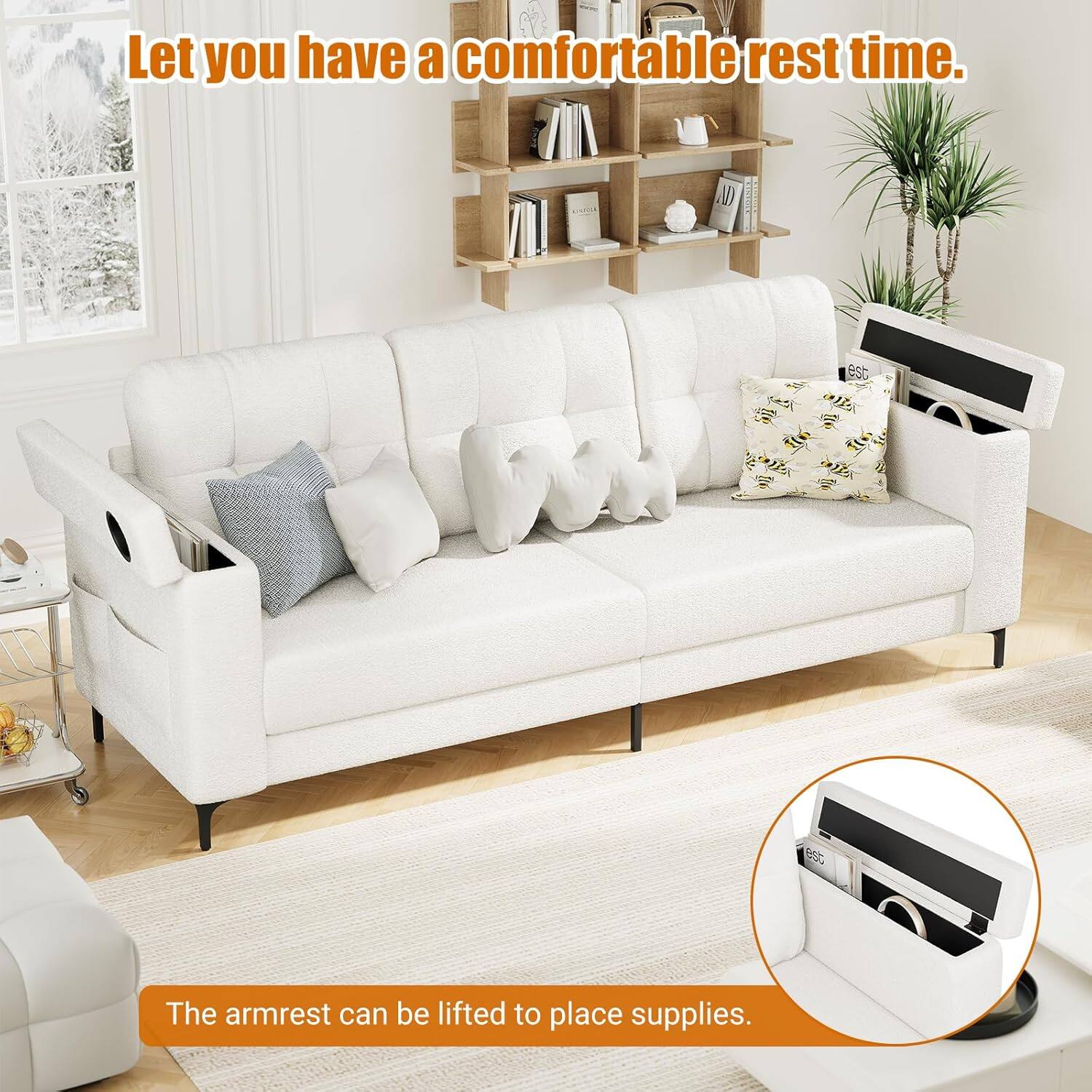 Let you have a comfortable rest time.

The armrest can be lifted to place supplies.