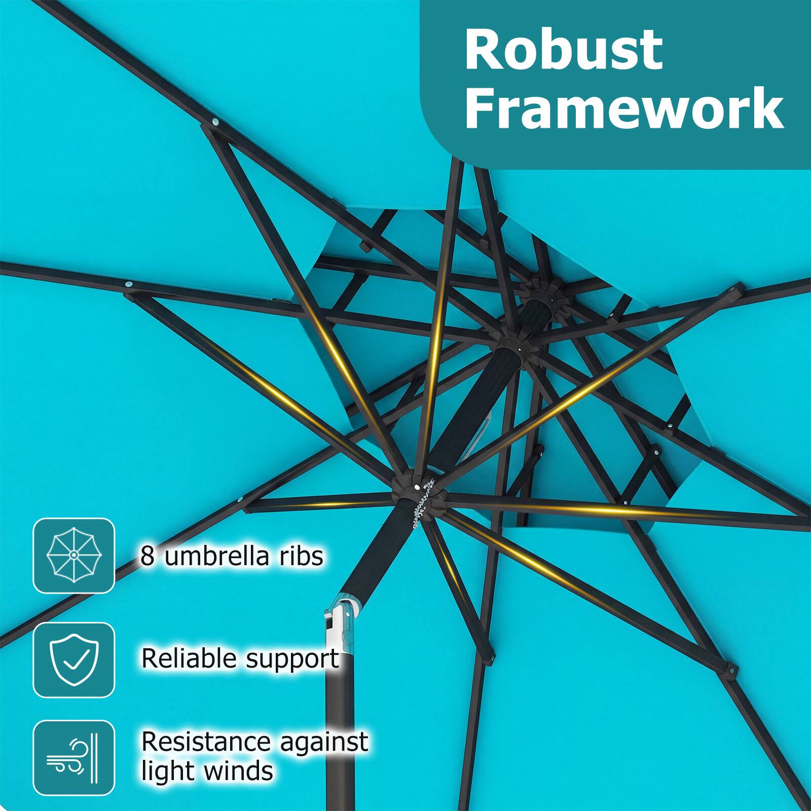 Robust Framework

- 8 umbrella ribs
- Reliable support
- Resistance against light winds