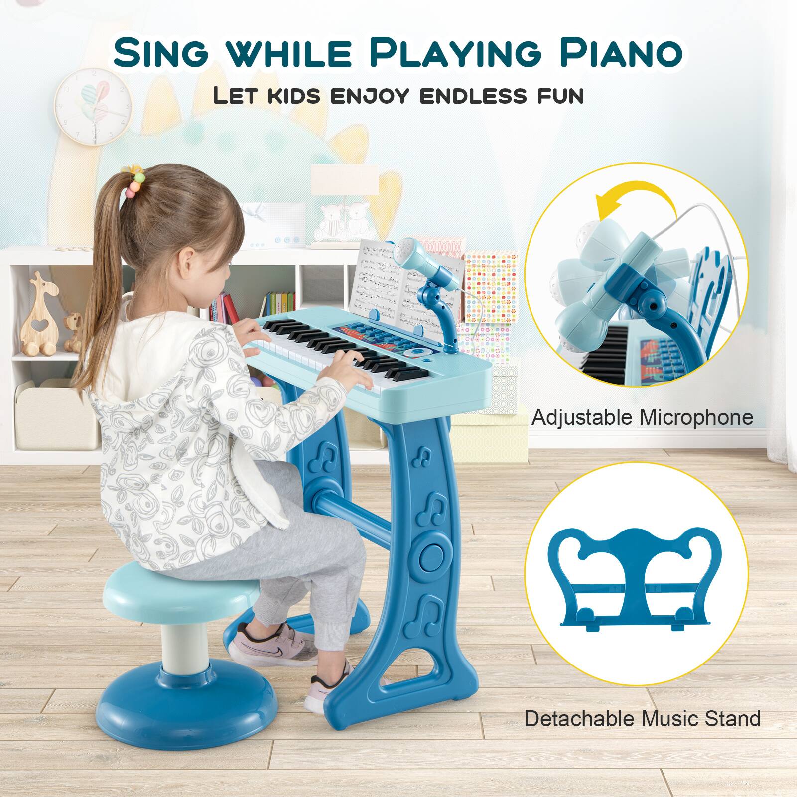 SING WHILE PLAYING PIANO - LET KIDS ENJOY ENDLESS FUN - Adjustable Microphone - Detachable Music Stand