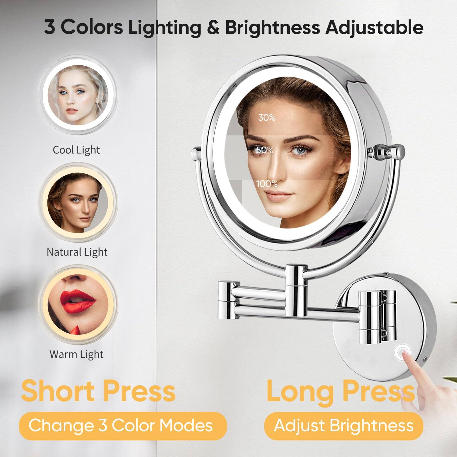 3 Colors Lighting & Brightness Adjustable

- Cool Light
- Natural Light
- Warm Light

Short Press: Change 3 Color Modes

Long Press: Adjust Brightness

Brightness Levels:
- 30%
- 50%
- 100%