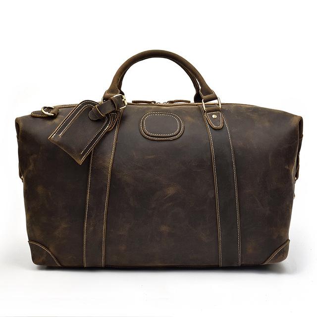 Front. Steel Horse Leather - The Eira Duffle Bag | Vintage Leather Weekender - Dark Brown.