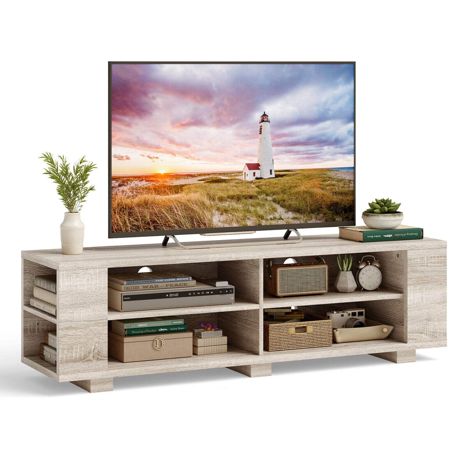 Ecooso - 65 Inch TV Stand with 8 Open Shelves and Media Storage Cabinet - Light Brown