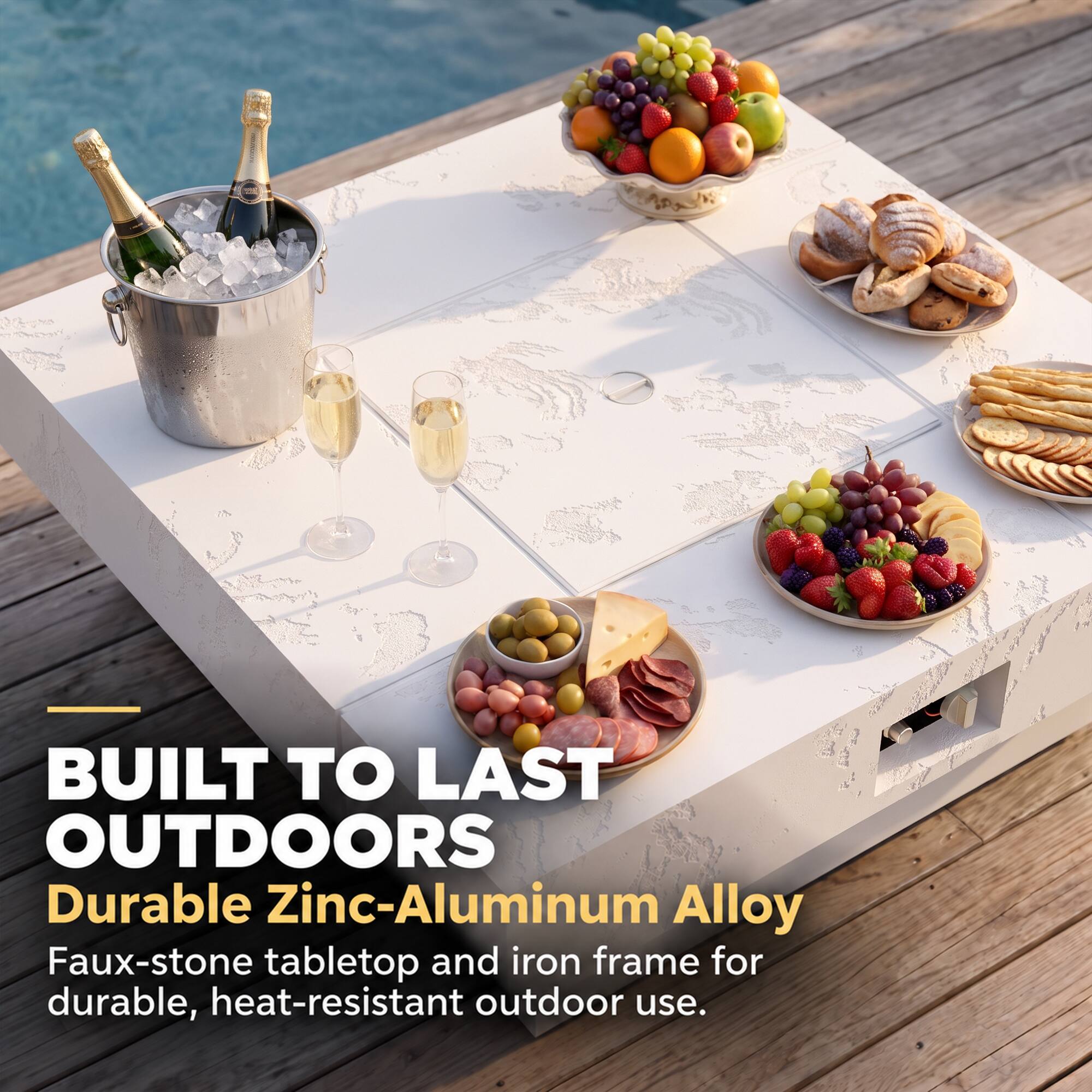 BUILT TO LAST OUTDOORS  
Durable Zinc-Aluminum Alloy  
Faux-stone tabletop and iron frame for durable, heat-resistant outdoor use.