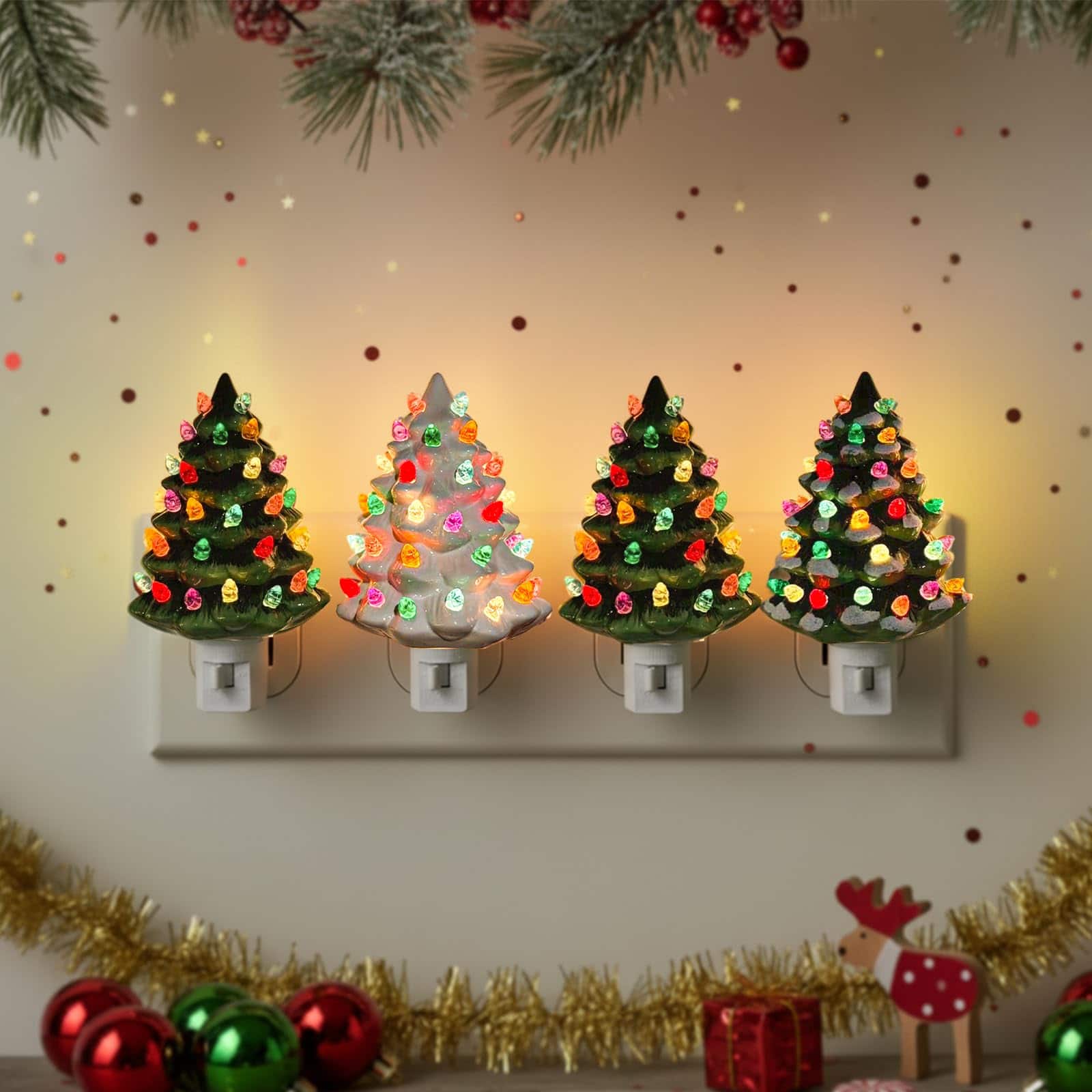 MAGICAL RUBS - Christmas Ceramic Tree Night Light 4 Pack - 6" H Tabletop Holiday Nostalgic Decorative Lights With On/off Vintage For - Green & Snowy Green & White 4 Pack