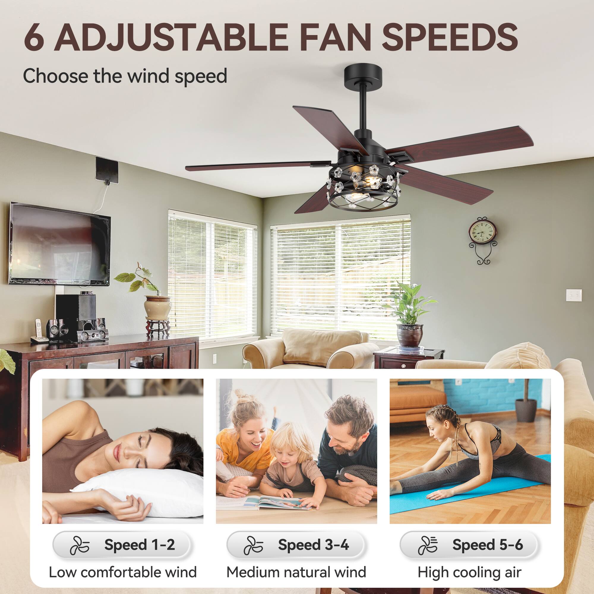 6 ADJUSTABLE FAN SPEEDS  
Choose the wind speed  

Speed 1-2  
Low comfortable wind  

Speed 3-4  
Medium natural wind  

Speed 5-6  
High cooling air