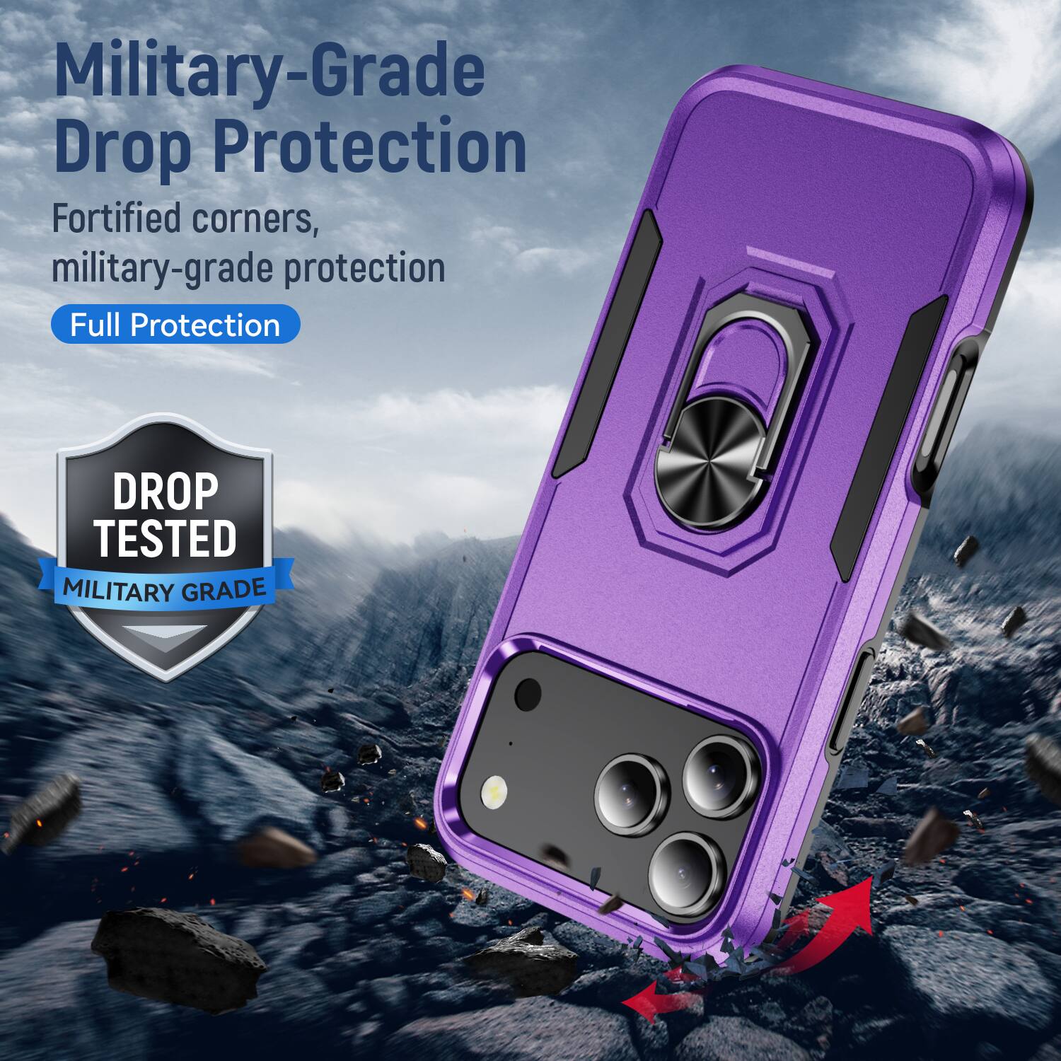 Military-Grade Drop Protection  
Fortified corners, military-grade protection  
Full Protection  

DROP TESTED  
MILITARY GRADE