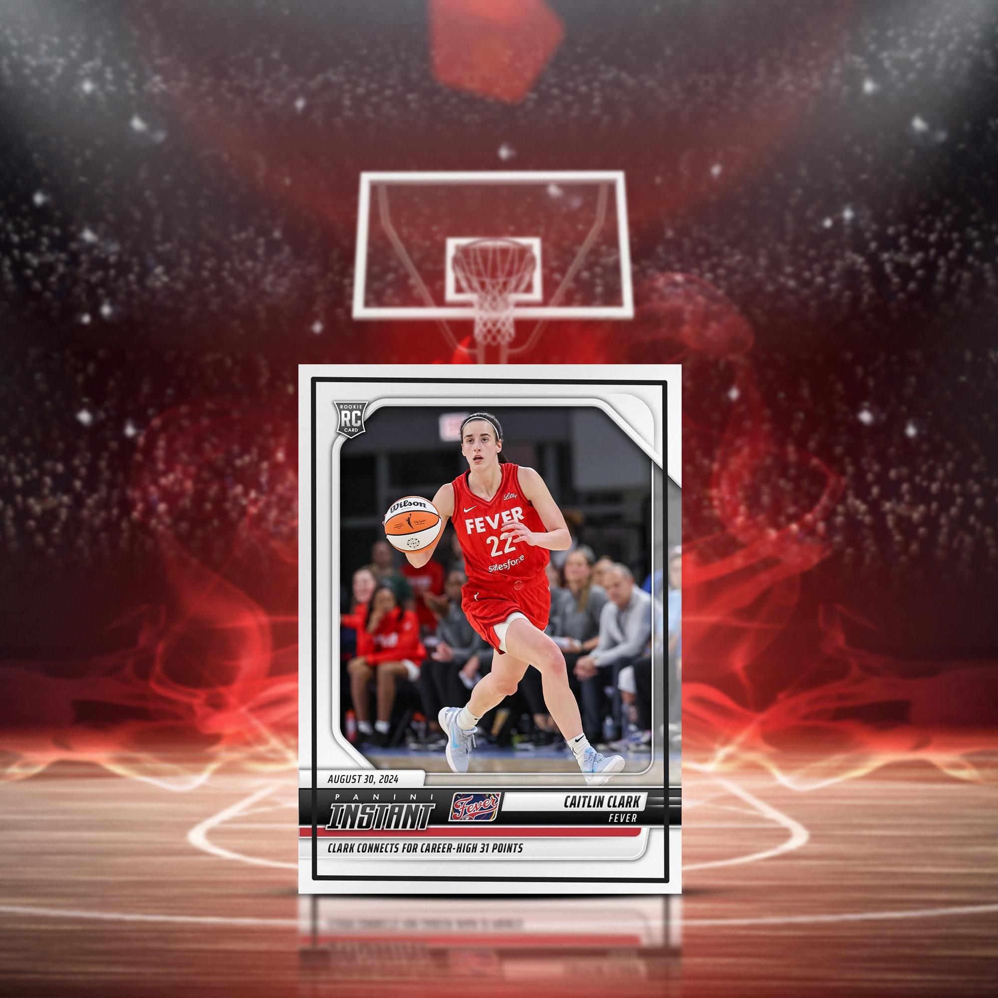 RC ULESON FEVER 22 sesfore AUSUST 30. 2024 PANINI F . i - A - INSTANI Sate CLARK LONMELIS FOR CAREER-HIGH HIGH IE POINTS CAITLIN CLARK FEVER