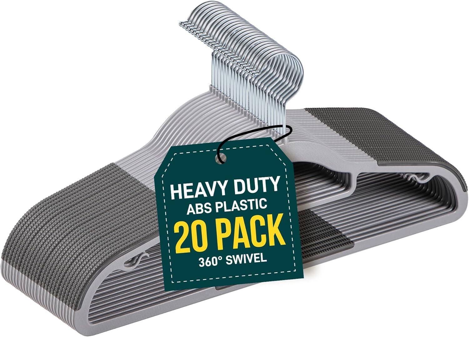 Lifemaster - Plastic Hanger Set – 20-Pack, Non-Slip, 360° Hook, Slim, Lightweight, for Dry & Wet Clothes - Gray