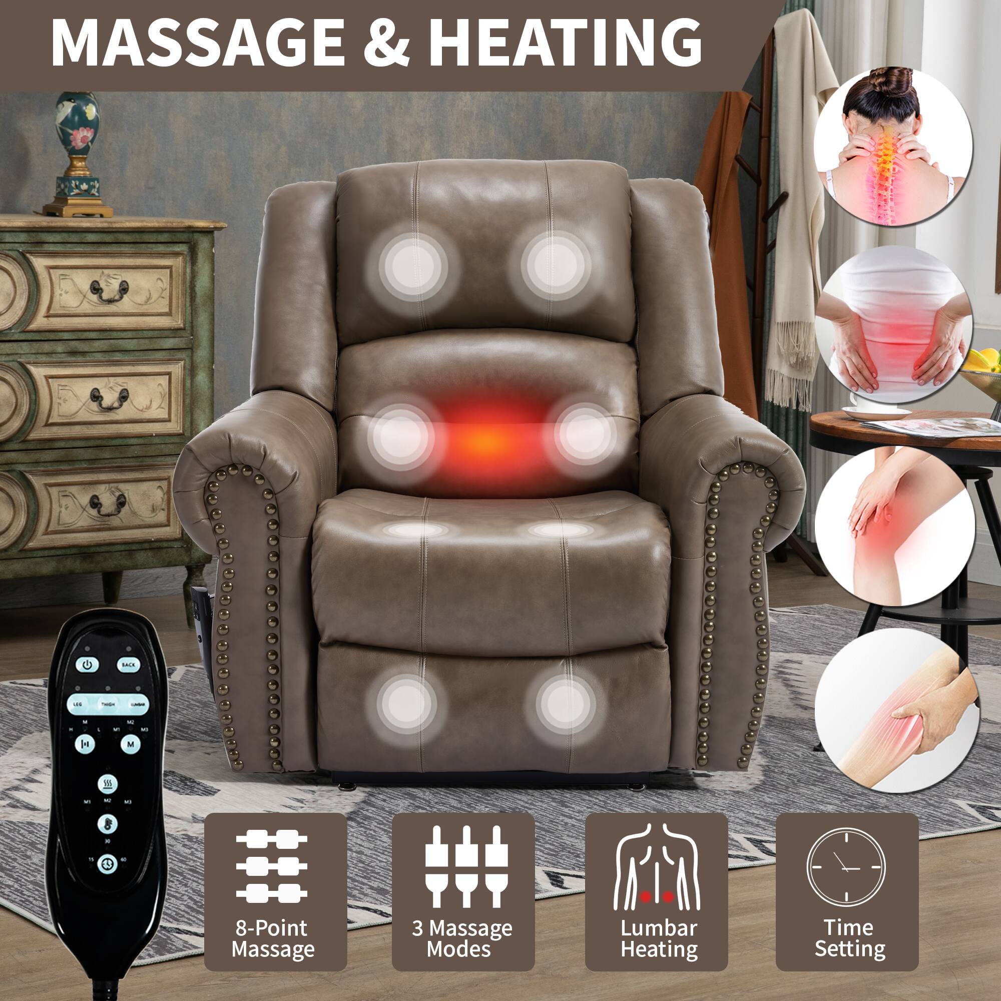 MASSAGE & HEATING

- 8-Point Massage
- 3 Massage Modes
- Lumbar Heating
- Time Setting