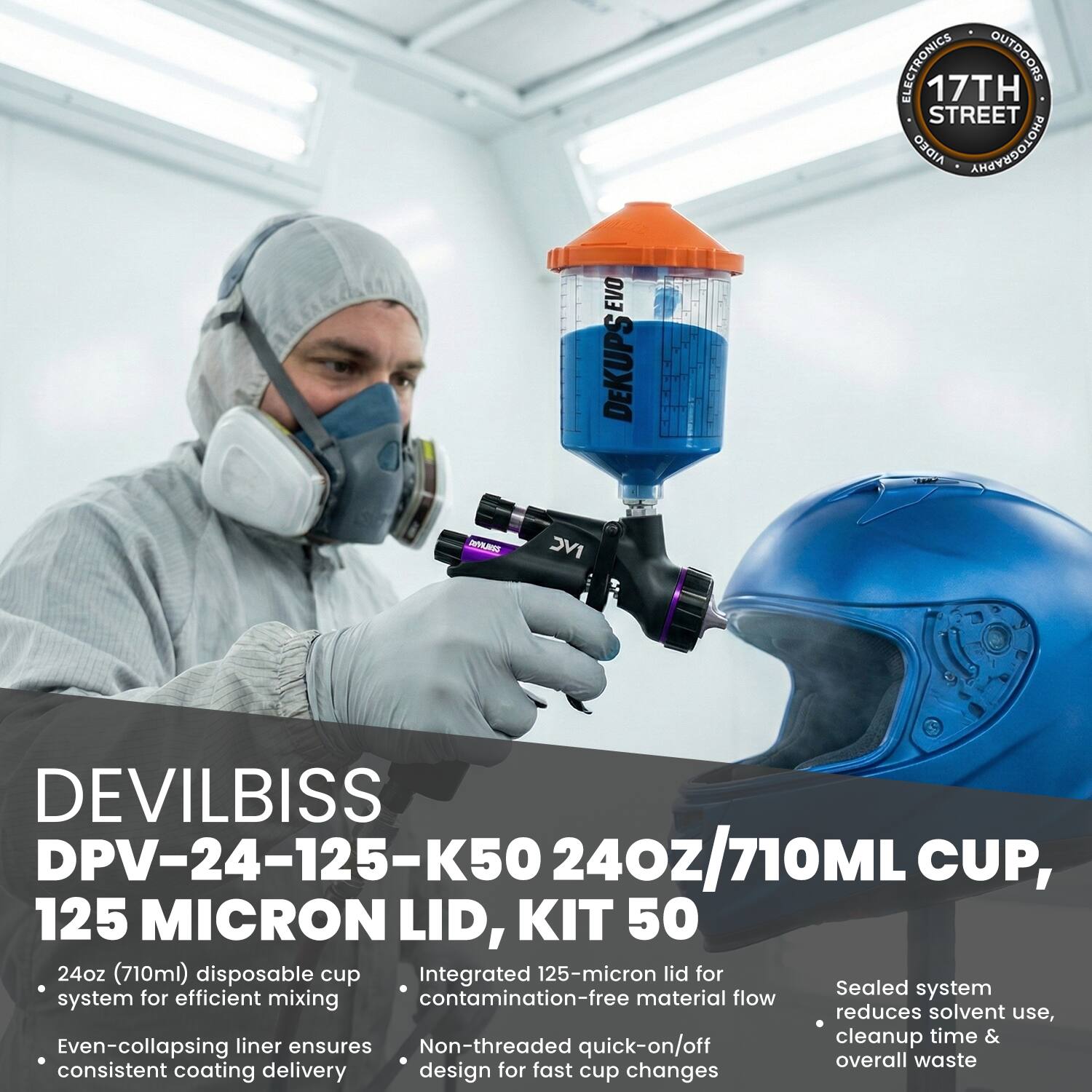 EVO DEKUPSEV ELECTRONICS OUTDOORS 17TH STREET AIDEO PHOTOGRAPHY RPPUNS IVC DEVILBISS DPV-24-125-K50 24oz/710ML CUP, 125 MICRON LID, KIT 50

24oz (710ml) disposable cup
Integrated 125-micron lid for Sealed system
Even-collapsing liner ensures
Non-threaded quick-on/off
Sealed system reduces solvent use, cleanup time & overall waste
Consistent coating delivery design for fast cup changes
