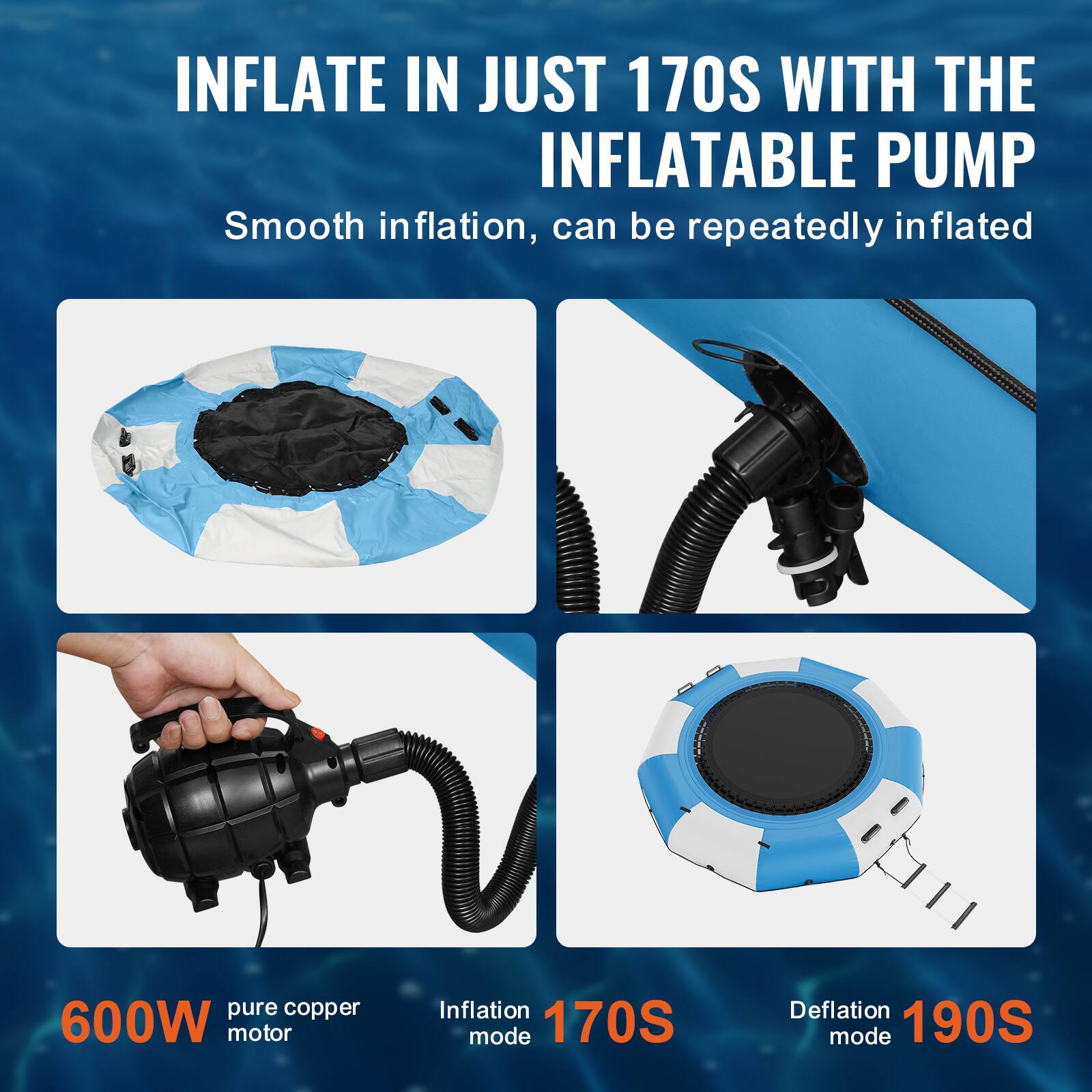INFLATE IN JUST 170S WITH THE INFLATABLE PUMP. Smooth inflation, can be repeatedly inflated. Pure copper 600W motor. Inflation mode: 170S. Deflation mode: 190S.