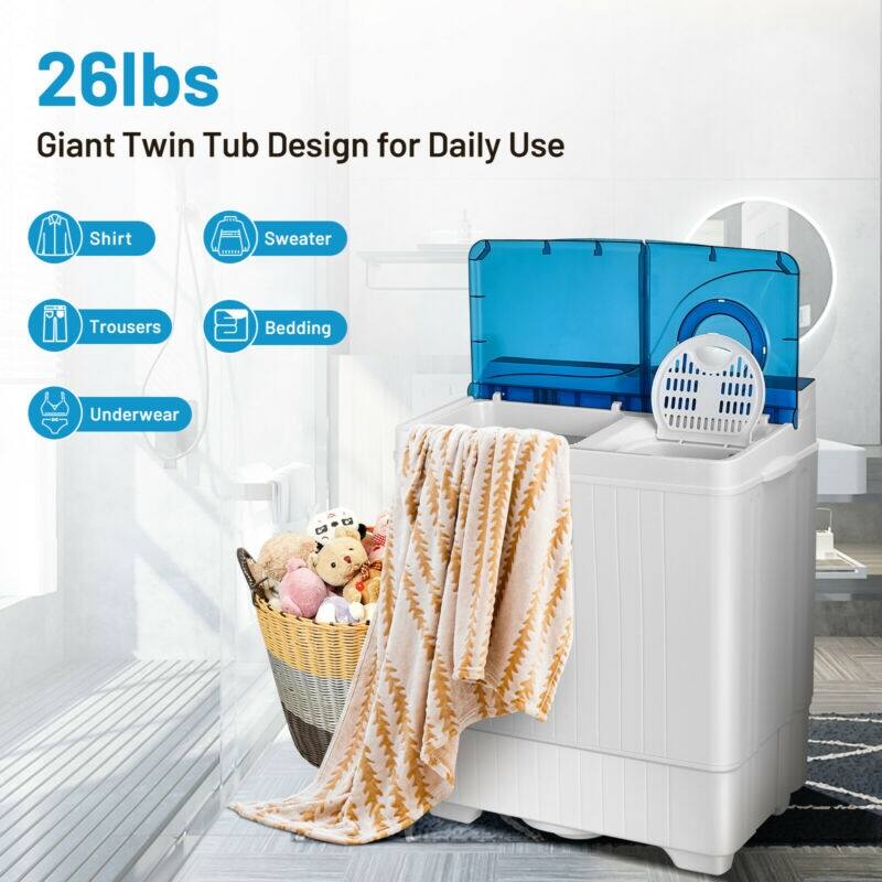 26lbs Giant Twin Tub Design for Daily Use
Shirt
Sweater
Trousers
Bedding
Underwear