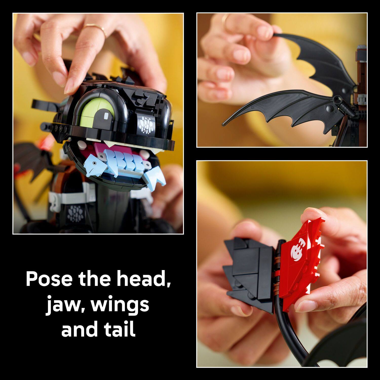 Pose the head, jaw, wings and tail