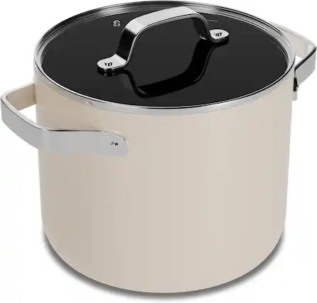 Front. Bakken- Swiss - 5 Qt Aluminum Stock Pot, Nonstick Ceramic Coating, PTFE & PFAS Free, Oven Safe 500°F, SS Handles, Glass Lid - Cream.