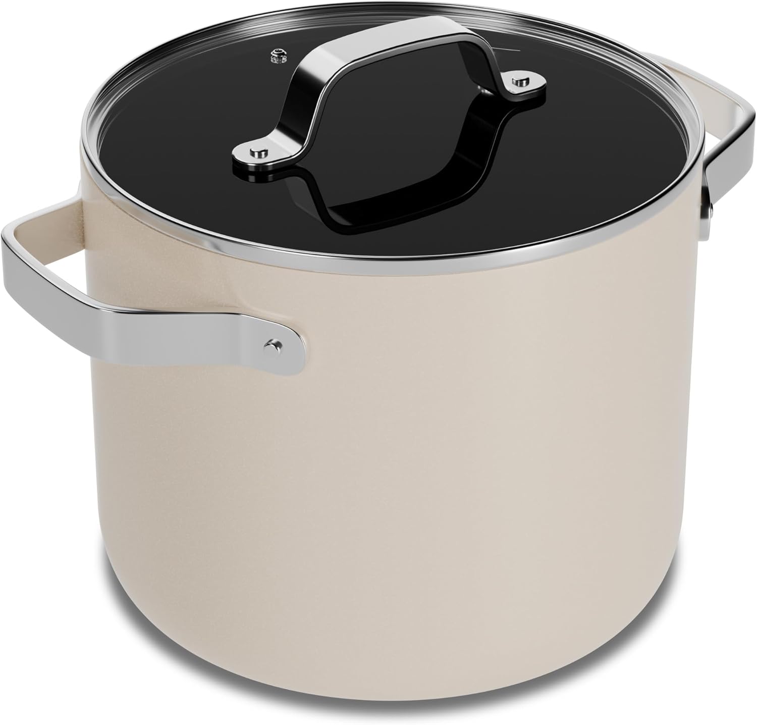 Front. Bakken- Swiss - 5 Qt Aluminum Stock Pot, Nonstick Ceramic Coating, PTFE & PFAS Free, Oven Safe 500°F, SS Handles, Glass Lid - Cream.