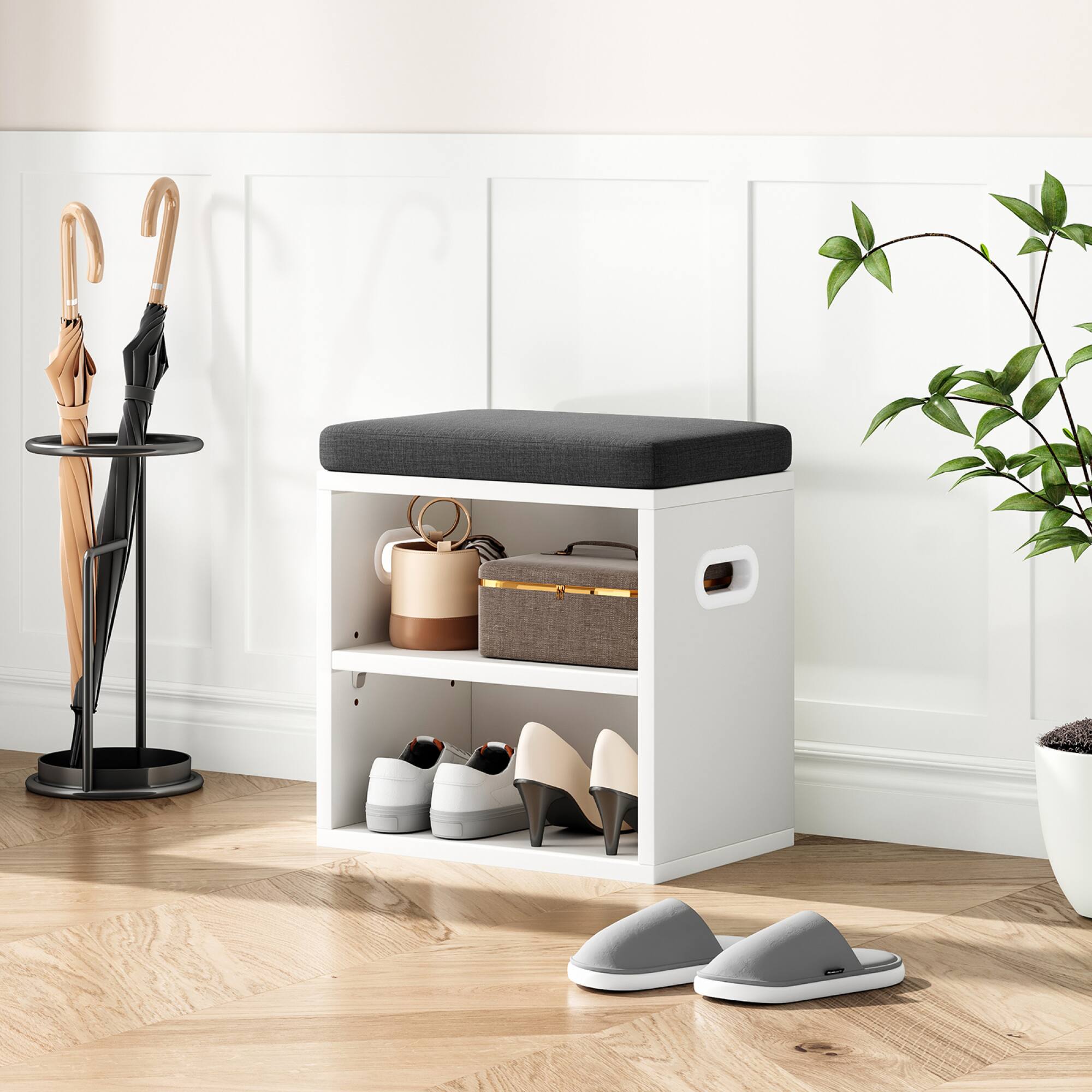 Left. GOODSILO - Compact Entryway Shoe Storage Bench with Removable Cushion for Seating and Organization - White.