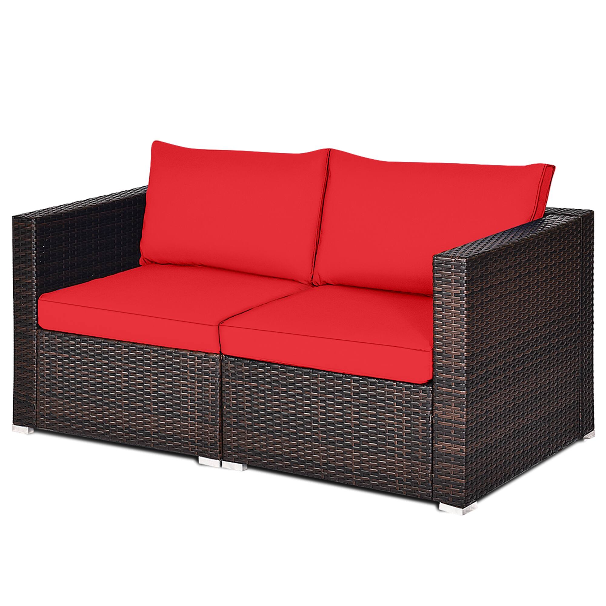 Alt View 4. Gymax - Gymax 2PCS Rattan Corner Sofa Set Patio Outdoor Furniture Set w/ 4 Red Cushions - Mix brown.